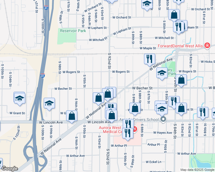 map of restaurants, bars, coffee shops, grocery stores, and more near 2073 South 92nd Street in West Allis