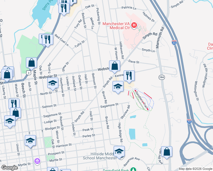 map of restaurants, bars, coffee shops, grocery stores, and more near 345 Smyth Road in Manchester