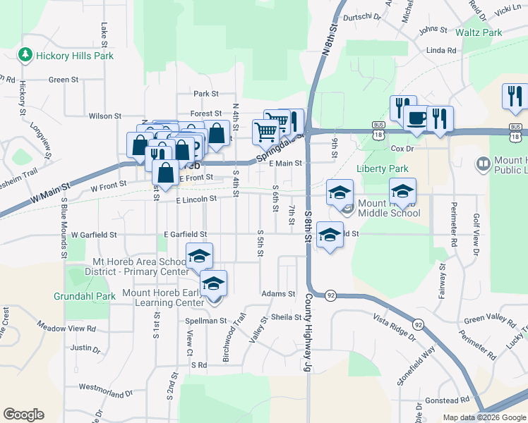 map of restaurants, bars, coffee shops, grocery stores, and more near 207 South 5th Street in Mount Horeb