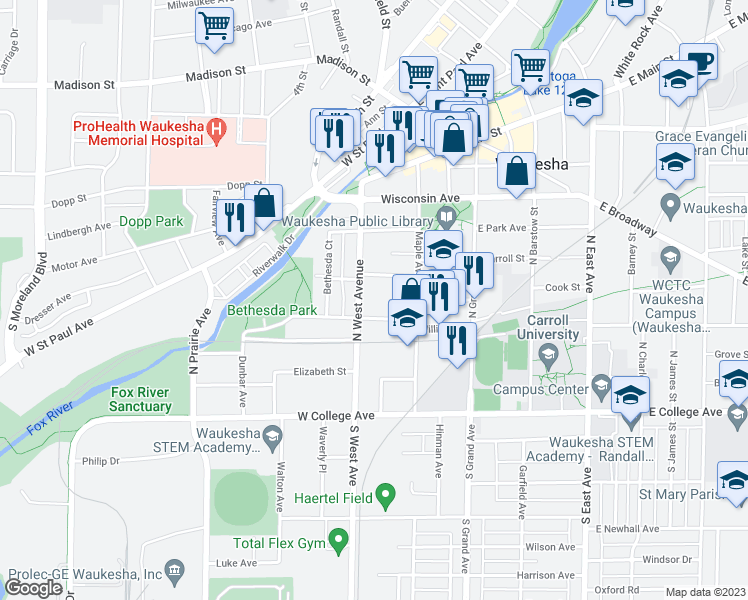 map of restaurants, bars, coffee shops, grocery stores, and more near 315 North West Avenue in Waukesha