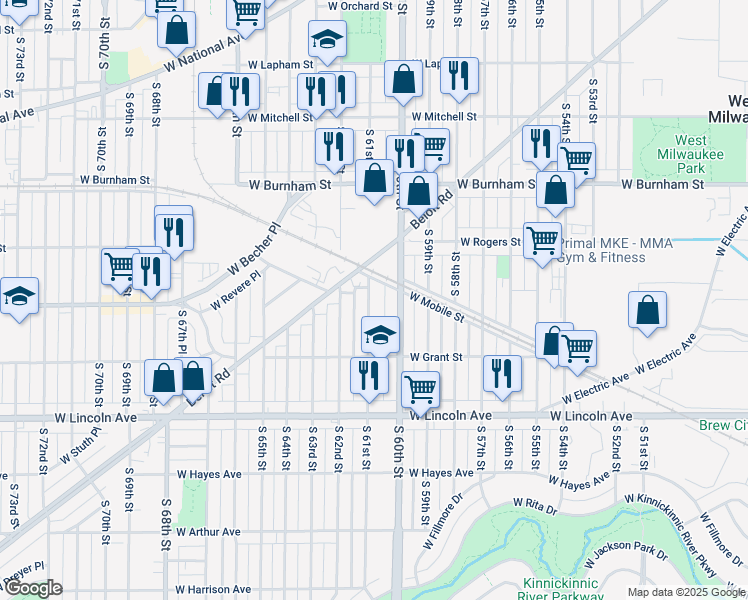 map of restaurants, bars, coffee shops, grocery stores, and more near 2084 South 61st Street in West Allis