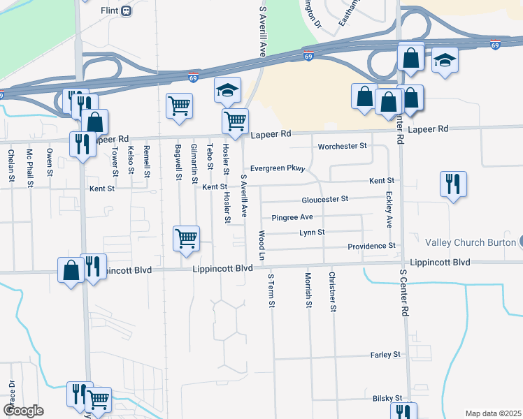 map of restaurants, bars, coffee shops, grocery stores, and more near 1927 Wood Ln in Flint