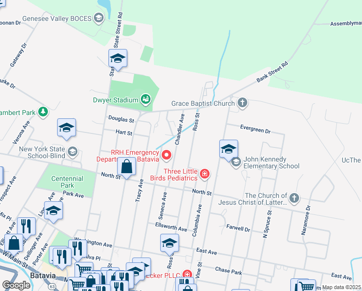 map of restaurants, bars, coffee shops, grocery stores, and more near 36 Chandler Ave in Batavia