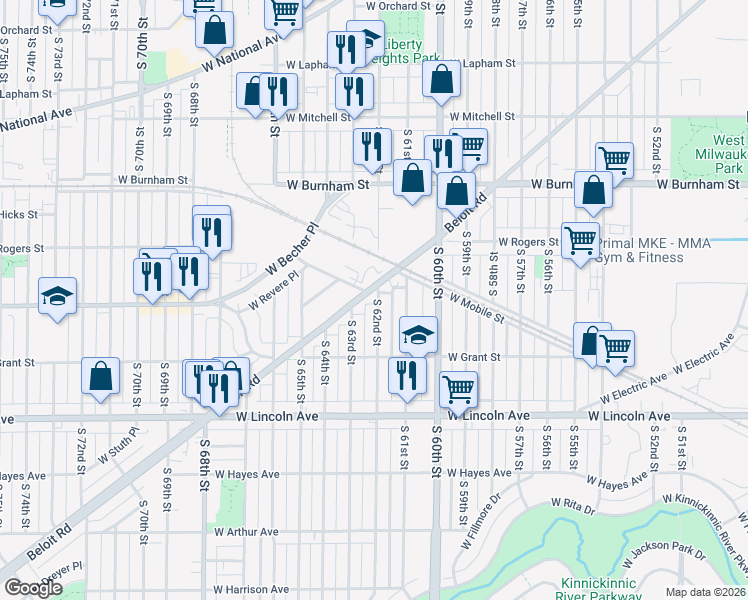 map of restaurants, bars, coffee shops, grocery stores, and more near 2061 South 62nd Street in West Allis