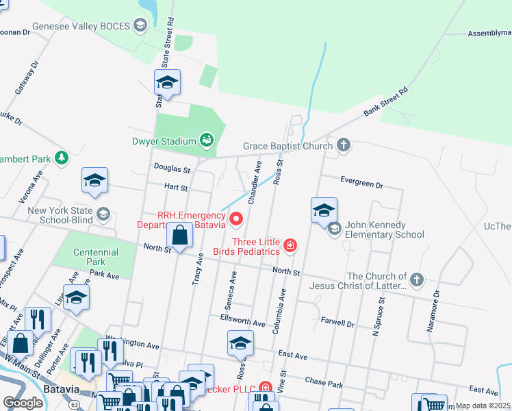 map of restaurants, bars, coffee shops, grocery stores, and more near 36 Chandler Avenue in Batavia