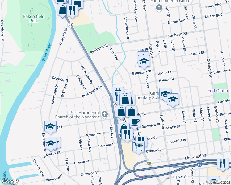 map of restaurants, bars, coffee shops, grocery stores, and more near 2920 Pine Grove Avenue in Port Huron