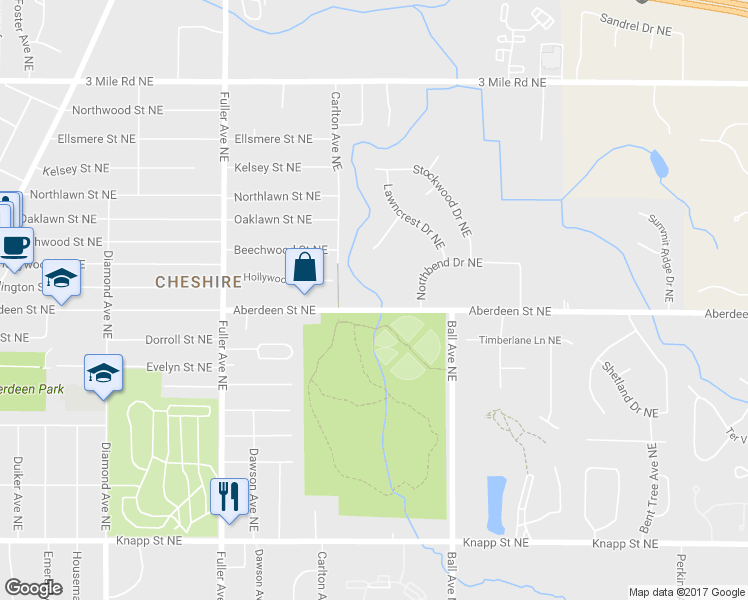 map of restaurants, bars, coffee shops, grocery stores, and more near 1449 Aberdeen Street Northeast in Grand Rapids