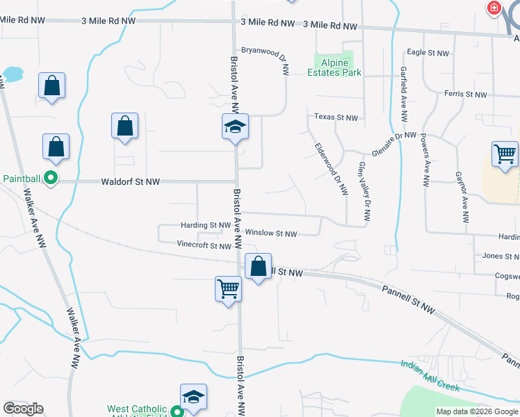 map of restaurants, bars, coffee shops, grocery stores, and more near 1543 Harding Street Northwest in Walker