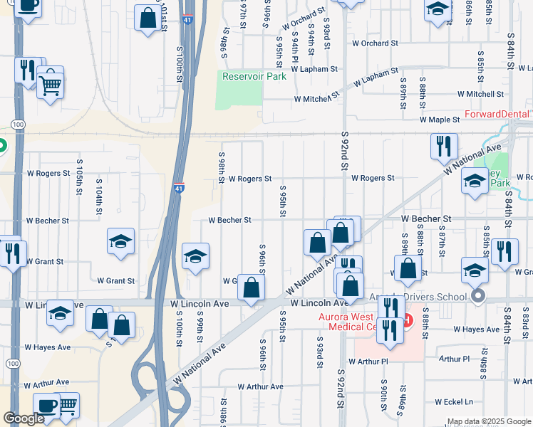 map of restaurants, bars, coffee shops, grocery stores, and more near 2068 South 96th Street in West Allis