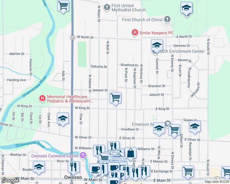 map of restaurants, bars, coffee shops, grocery stores, and more near 823 North Washington Street in Owosso
