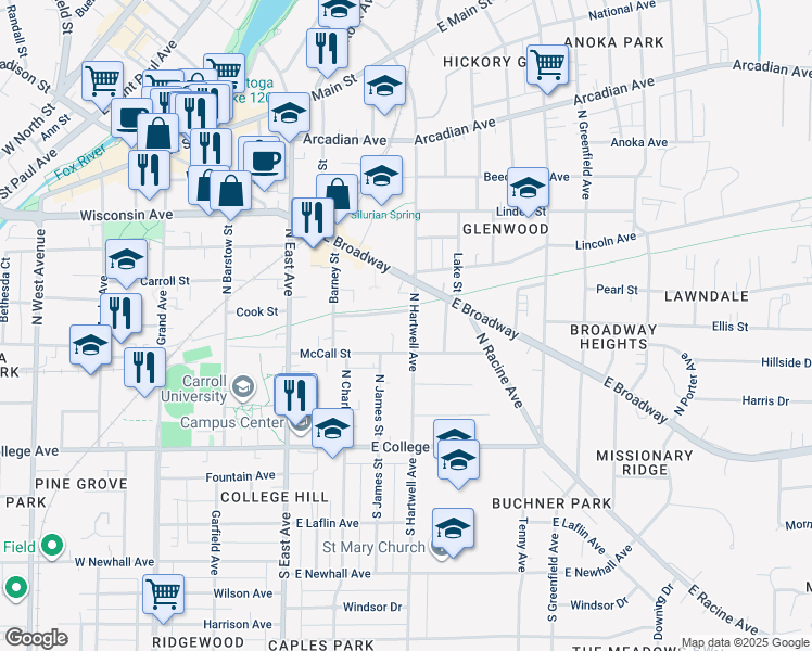 map of restaurants, bars, coffee shops, grocery stores, and more near 318 North Hartwell Avenue in Waukesha