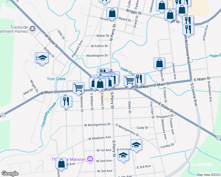 map of restaurants, bars, coffee shops, grocery stores, and more near 5 West Main Street in Johnstown