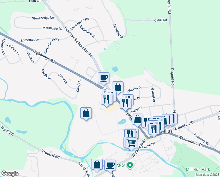 map of restaurants, bars, coffee shops, grocery stores, and more near 7670 Highbridge Road in Manlius