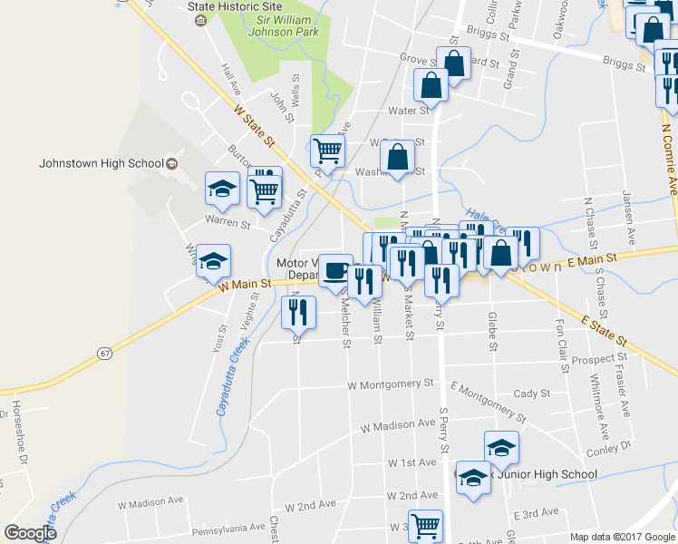 map of restaurants, bars, coffee shops, grocery stores, and more near 1 North Melcher Street in Johnstown