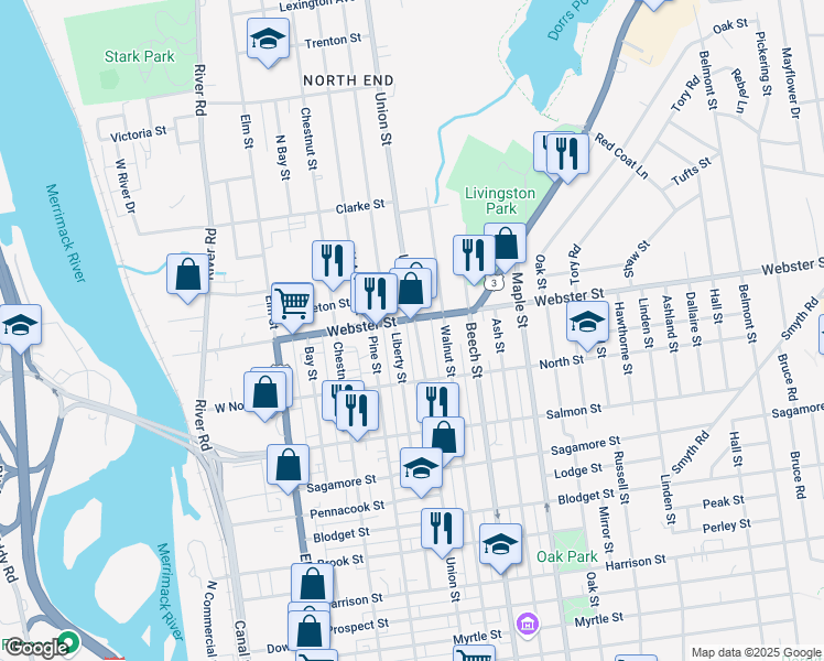map of restaurants, bars, coffee shops, grocery stores, and more near 908 Union Street in Manchester