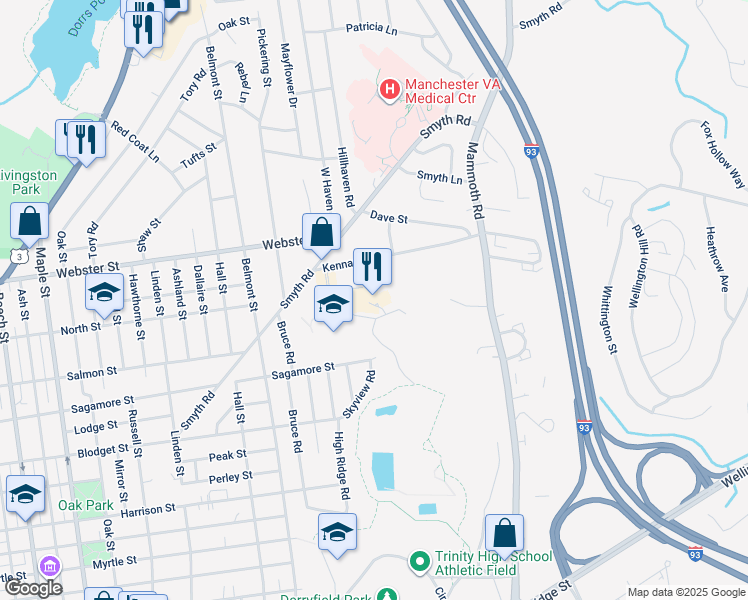 map of restaurants, bars, coffee shops, grocery stores, and more near 50 Chalet Court in Manchester