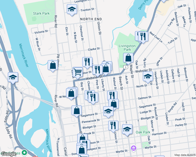 map of restaurants, bars, coffee shops, grocery stores, and more near 75 Webster Street in Manchester