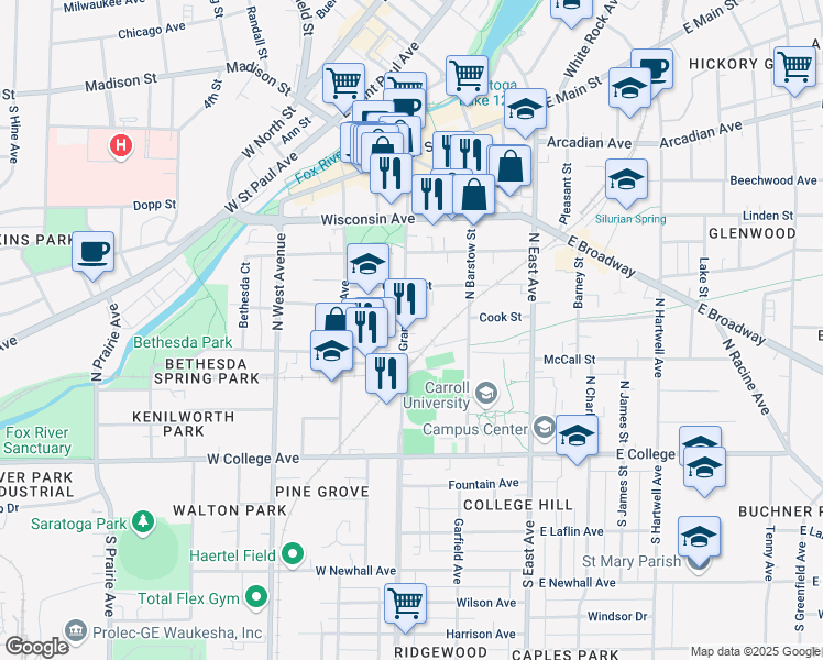 map of restaurants, bars, coffee shops, grocery stores, and more near 325 North Grand Avenue in Waukesha