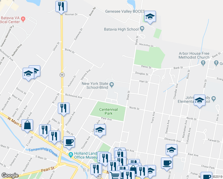 map of restaurants, bars, coffee shops, grocery stores, and more near 2A Richmond Avenue in Batavia