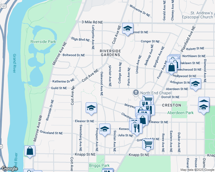 map of restaurants, bars, coffee shops, grocery stores, and more near 419 Comstock Boulevard Northeast in Grand Rapids