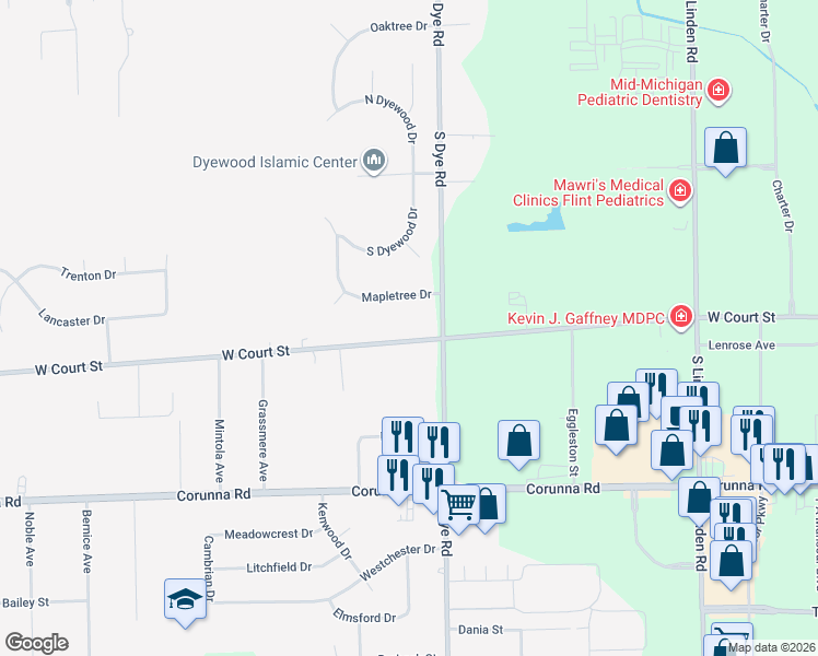map of restaurants, bars, coffee shops, grocery stores, and more near 5294 West Court Street in Flint