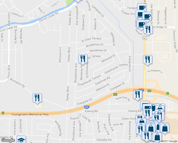map of restaurants, bars, coffee shops, grocery stores, and more near 45 Westwood Drive in Tonawanda