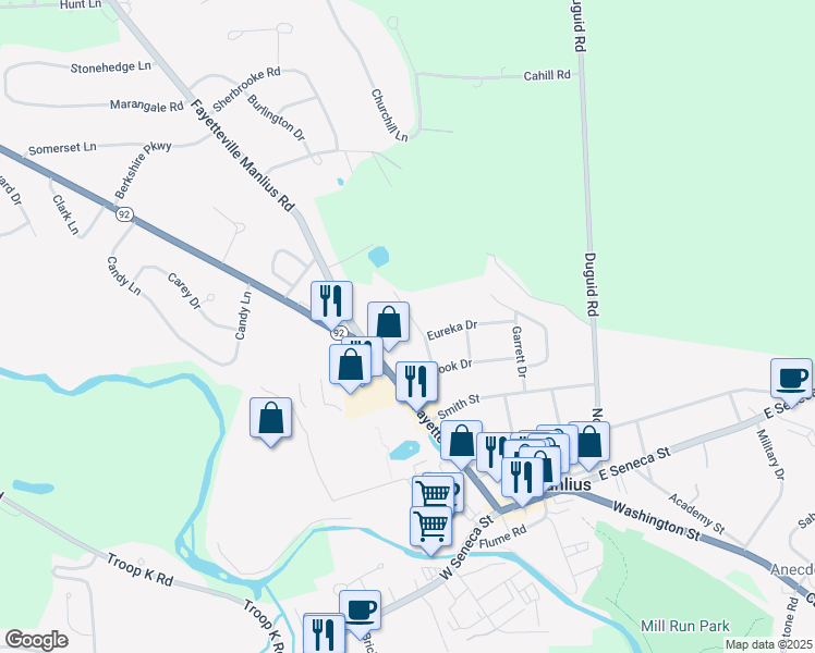 map of restaurants, bars, coffee shops, grocery stores, and more near 121 Park Drive in Manlius