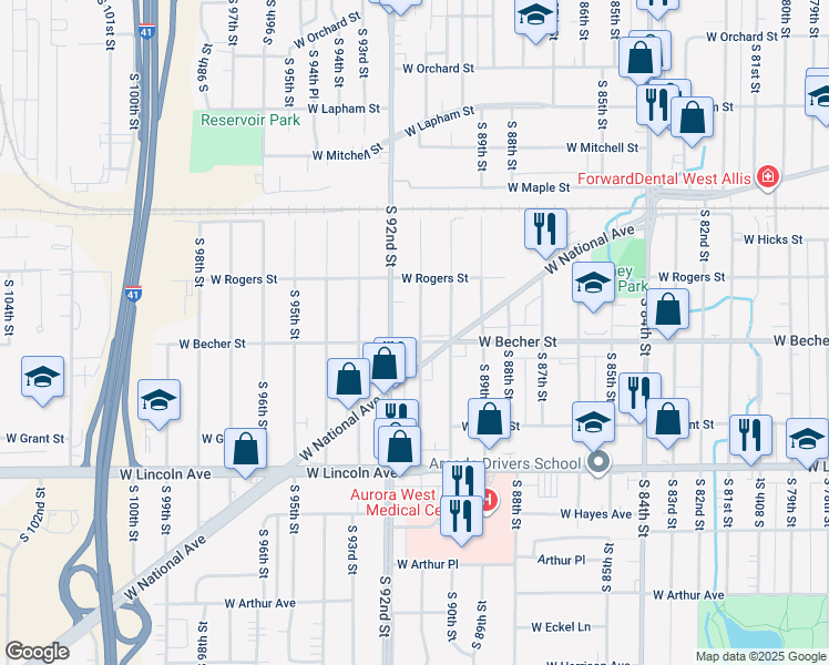 map of restaurants, bars, coffee shops, grocery stores, and more near 2071 South 91st Street in West Allis