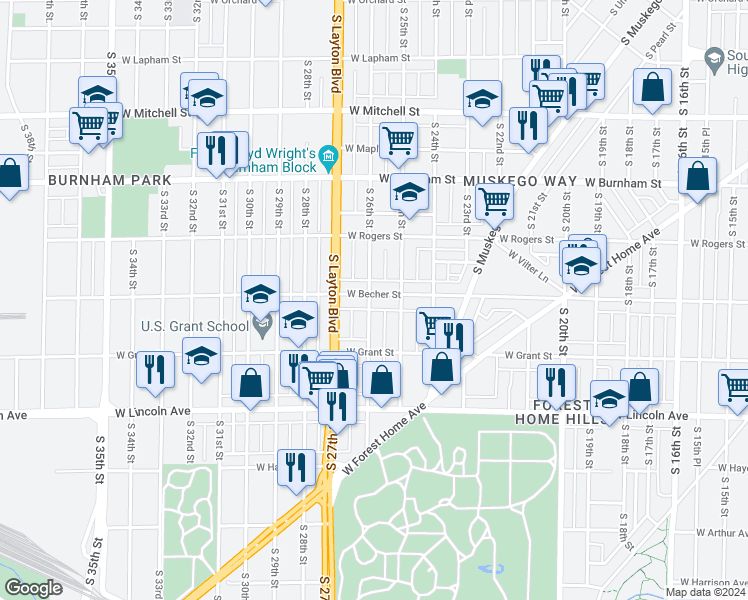 map of restaurants, bars, coffee shops, grocery stores, and more near 2537 West Becher Street in Milwaukee