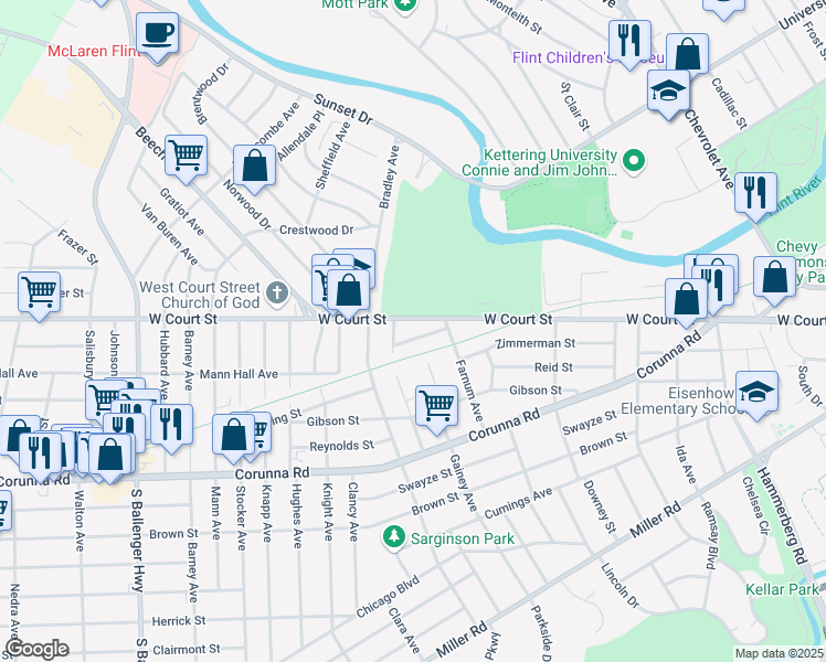 map of restaurants, bars, coffee shops, grocery stores, and more near 2605 West Court Street in Flint