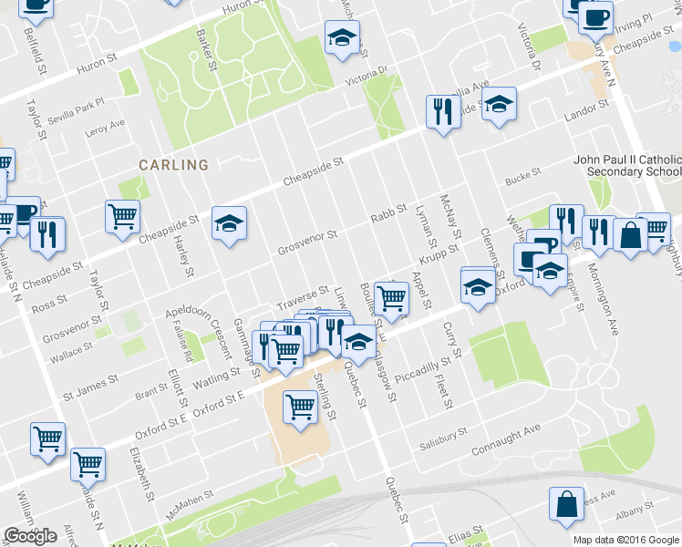 map of restaurants, bars, coffee shops, grocery stores, and more near 74 Linwood Street in London