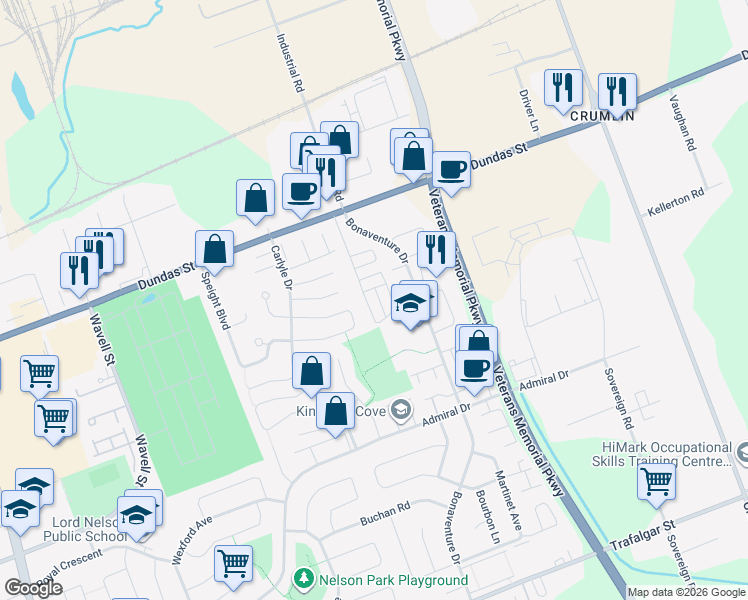 map of restaurants, bars, coffee shops, grocery stores, and more near 2189 Dundas Street in London