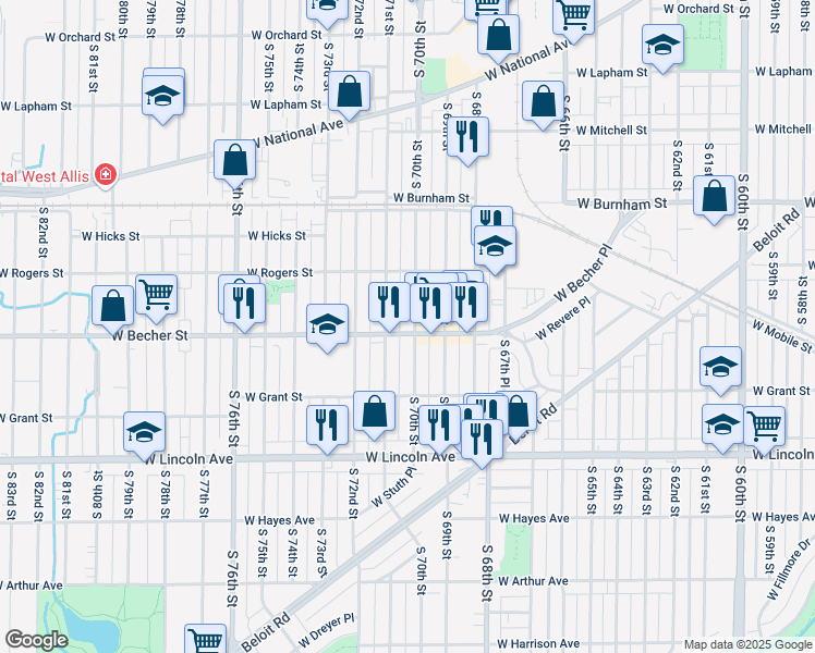 map of restaurants, bars, coffee shops, grocery stores, and more near 7006 West Becher Street in West Allis