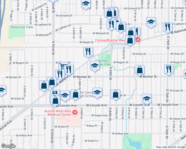 map of restaurants, bars, coffee shops, grocery stores, and more near 8604 West Becher Street in West Allis