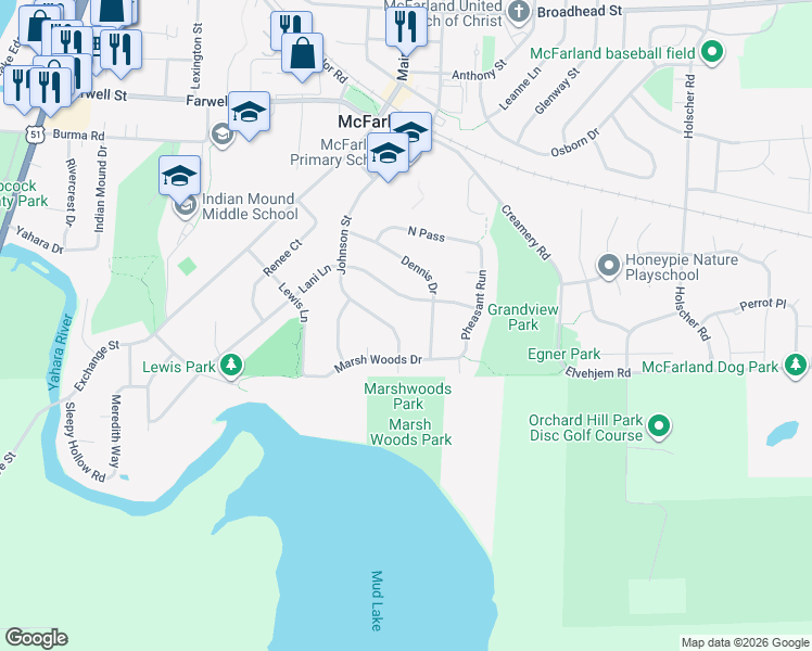 map of restaurants, bars, coffee shops, grocery stores, and more near 6321 Johnson Street in McFarland