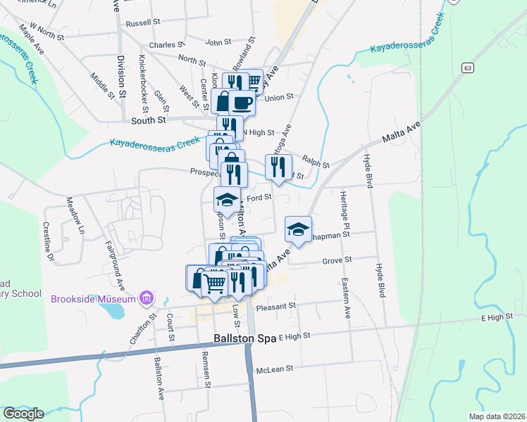 map of restaurants, bars, coffee shops, grocery stores, and more near 27 Mechanic Street in Ballston Spa
