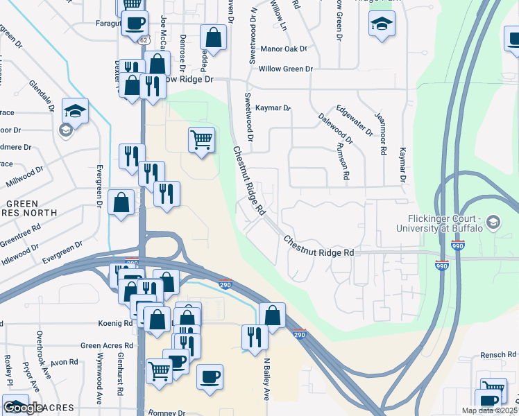 map of restaurants, bars, coffee shops, grocery stores, and more near 4291 Chestnut Ridge Road in Buffalo