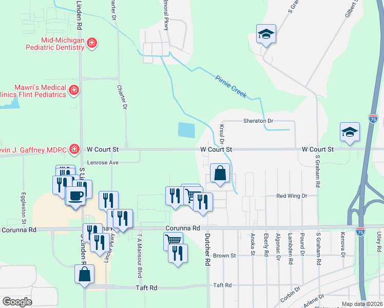 map of restaurants, bars, coffee shops, grocery stores, and more near 402 South Ballenger Highway in Flint Township