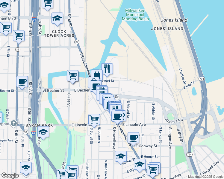 map of restaurants, bars, coffee shops, grocery stores, and more near 2059 South Allis Street in Milwaukee