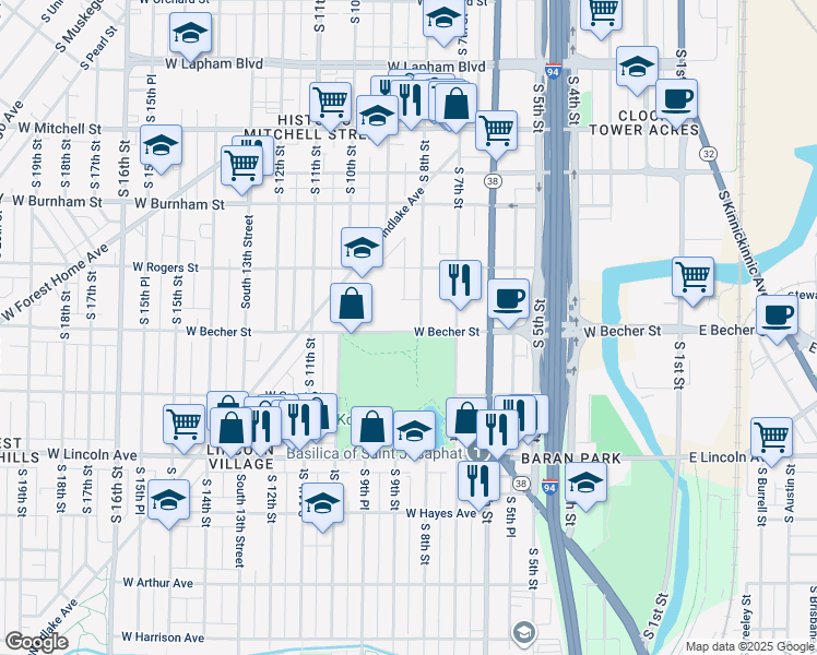 map of restaurants, bars, coffee shops, grocery stores, and more near 921 West Becher Street in Milwaukee