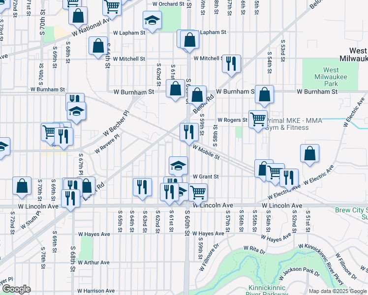 map of restaurants, bars, coffee shops, grocery stores, and more near 2084 South 61st Street in West Allis