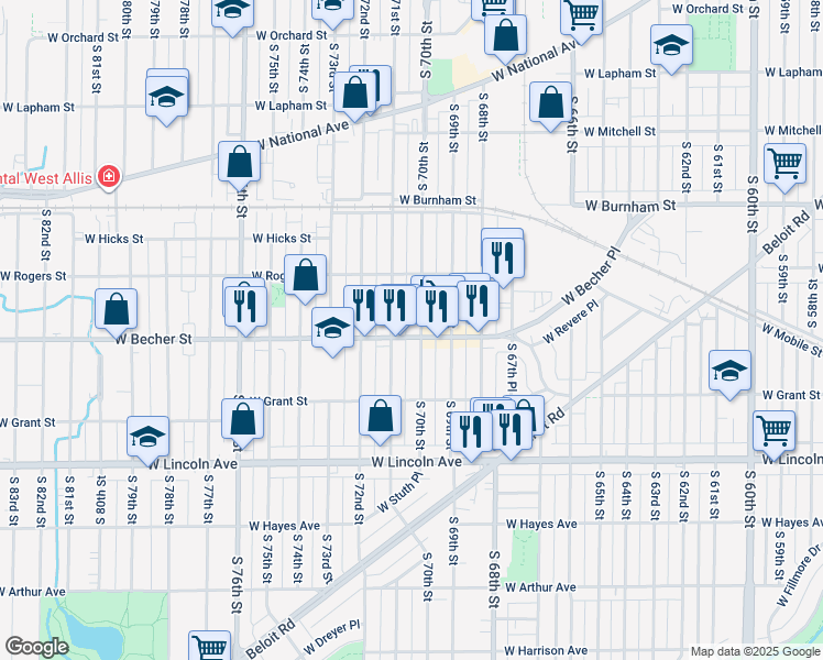 map of restaurants, bars, coffee shops, grocery stores, and more near 7006 West Becher Street in West Allis