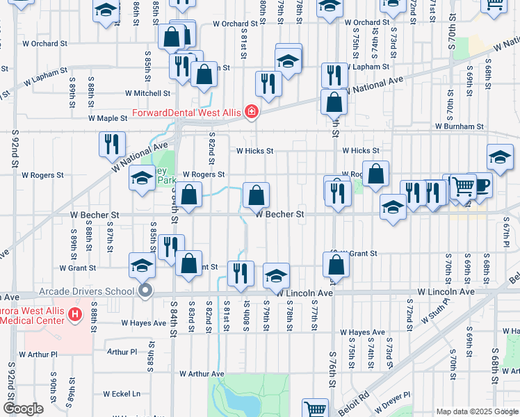 map of restaurants, bars, coffee shops, grocery stores, and more near 7930 West Becher Street in West Allis