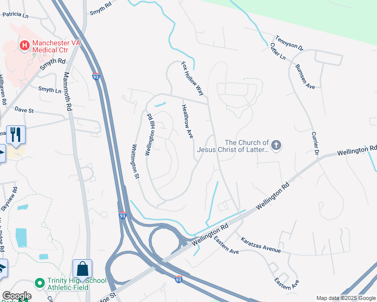 map of restaurants, bars, coffee shops, grocery stores, and more near 50 Heathrow Avenue in Manchester