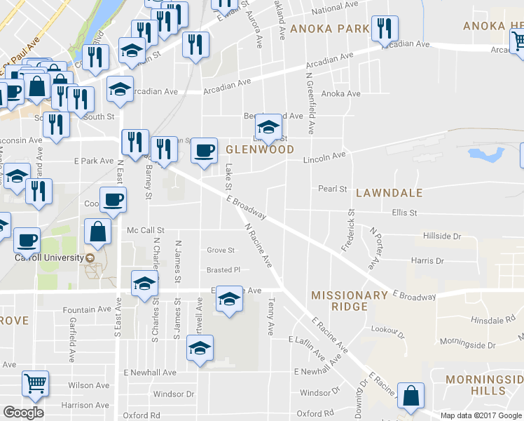 map of restaurants, bars, coffee shops, grocery stores, and more near 730 East Broadway in Waukesha