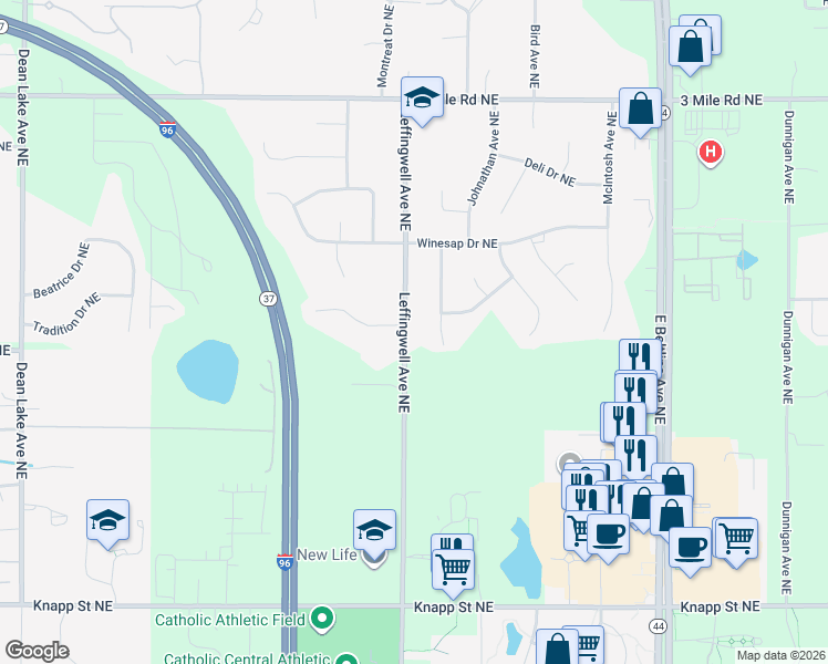 map of restaurants, bars, coffee shops, grocery stores, and more near 2432 Leffingwell Avenue Northeast in Grand Rapids