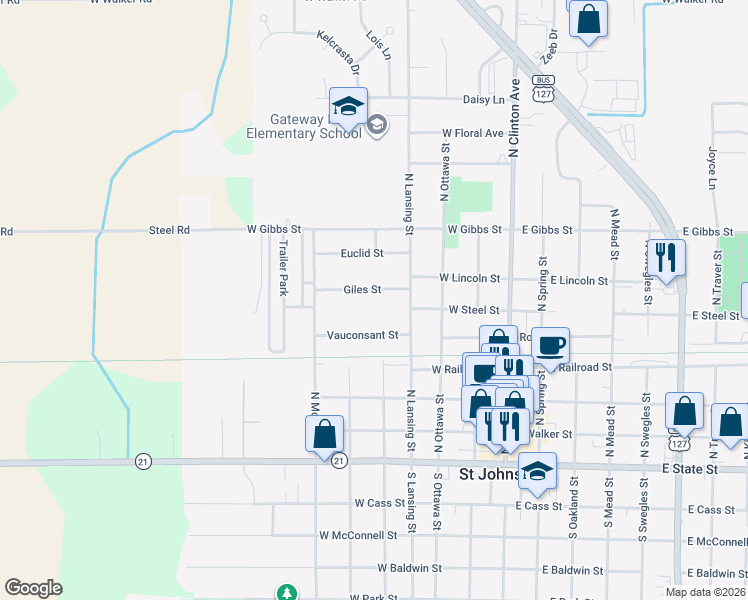 map of restaurants, bars, coffee shops, grocery stores, and more near 413 Giles Street in Saint Johns