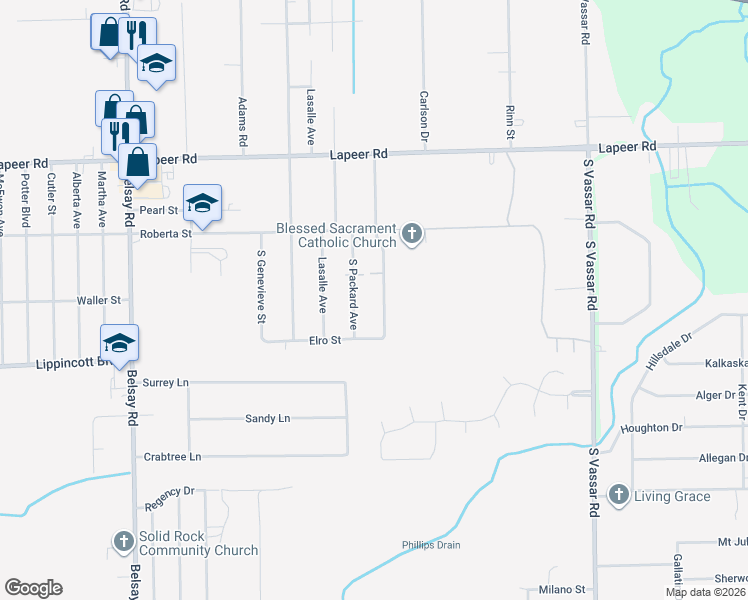 map of restaurants, bars, coffee shops, grocery stores, and more near 1468 Transue Avenue in Burton