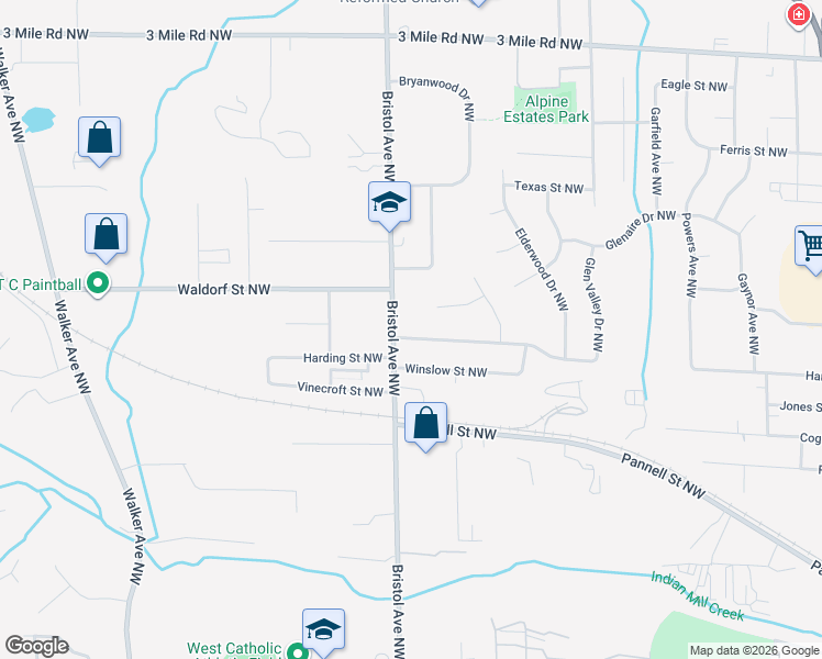 map of restaurants, bars, coffee shops, grocery stores, and more near 1543 Harding Street Northwest in Walker