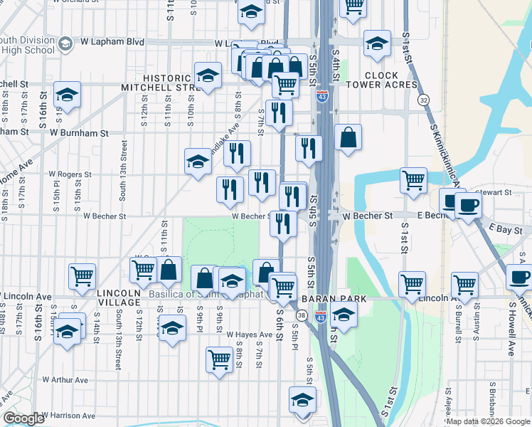 map of restaurants, bars, coffee shops, grocery stores, and more near 622 West Becher Street in Milwaukee